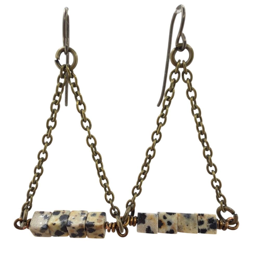 NEW Artisan Handcrafted Dalmatian Jasper Triangular Chain Dangle Earrings